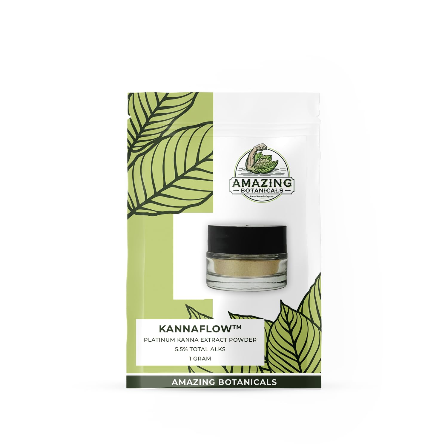 Amazing Botanicals kanna powder bottle pour demonstrates easy dosing and quality