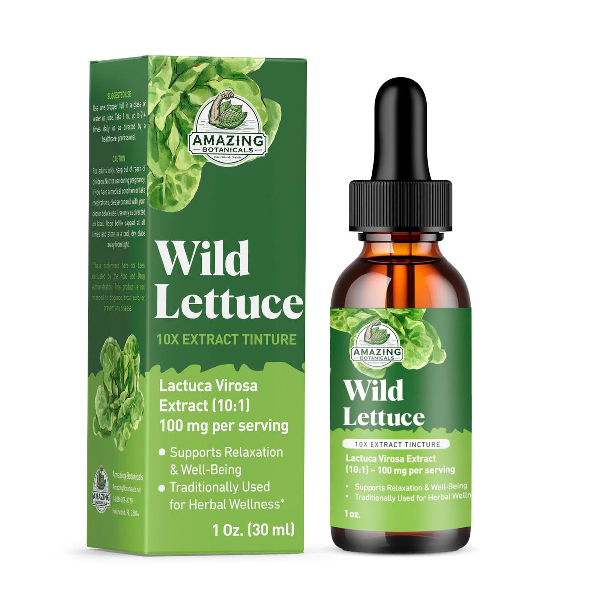 Tintura Amazing Botanicals de lechuga silvestre en botella, uso diario suave