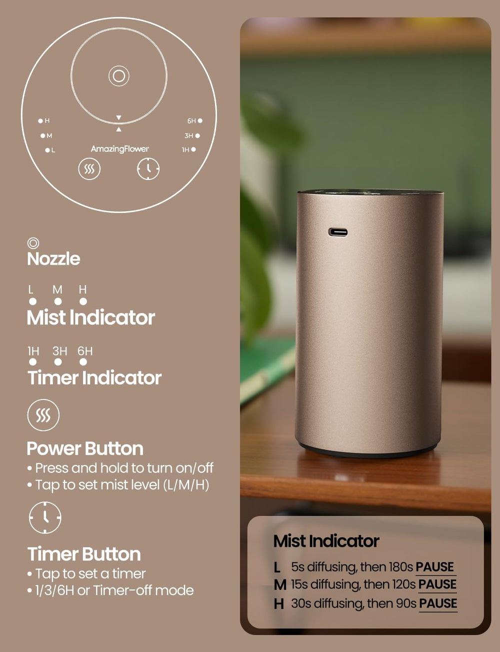 AMAZING FLOWER waterless diffuser control panel demonstrates intuitive touch operation.