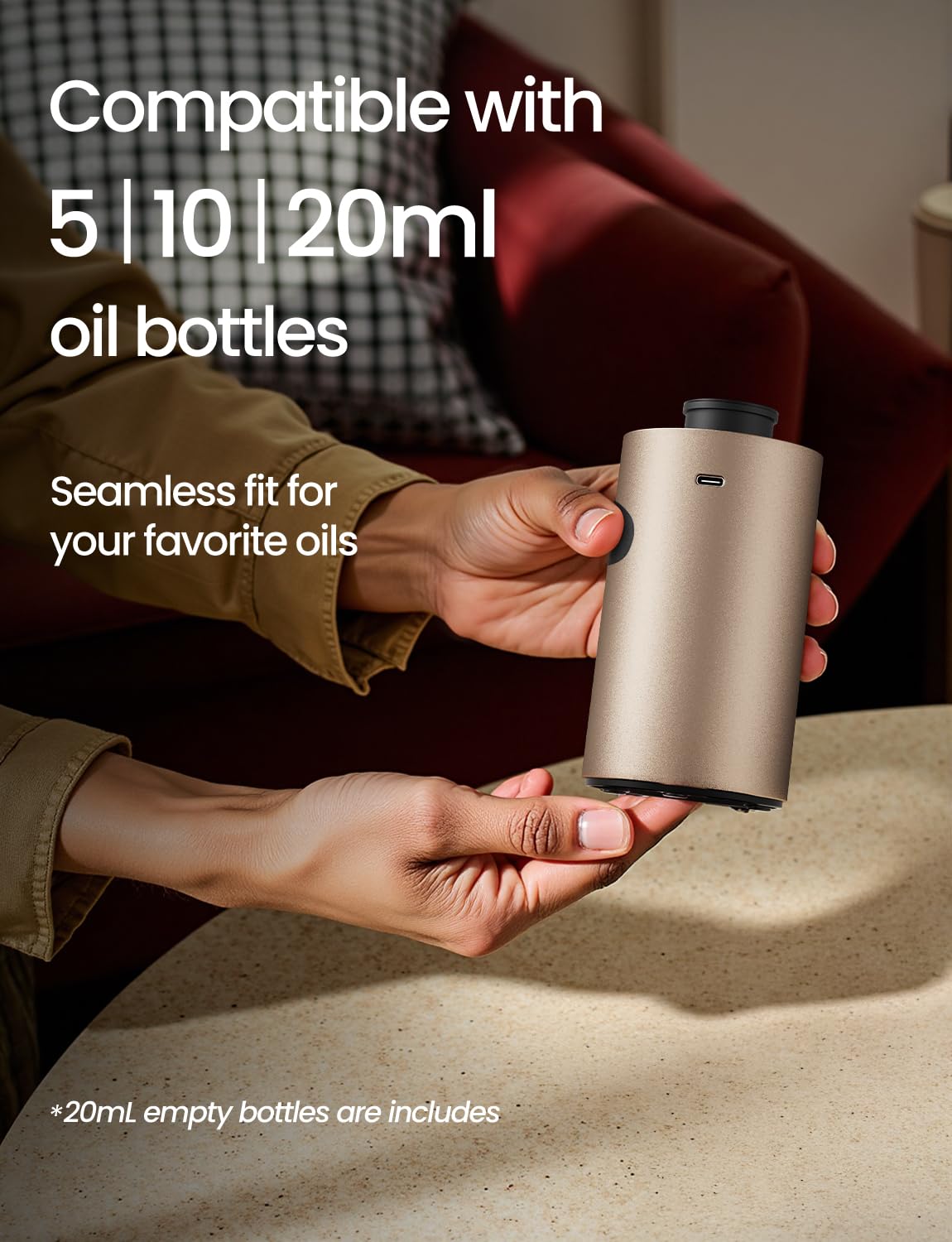 AMAZING FLOWER waterless diffuser in car cup holder facilitates portable aromatherapy.