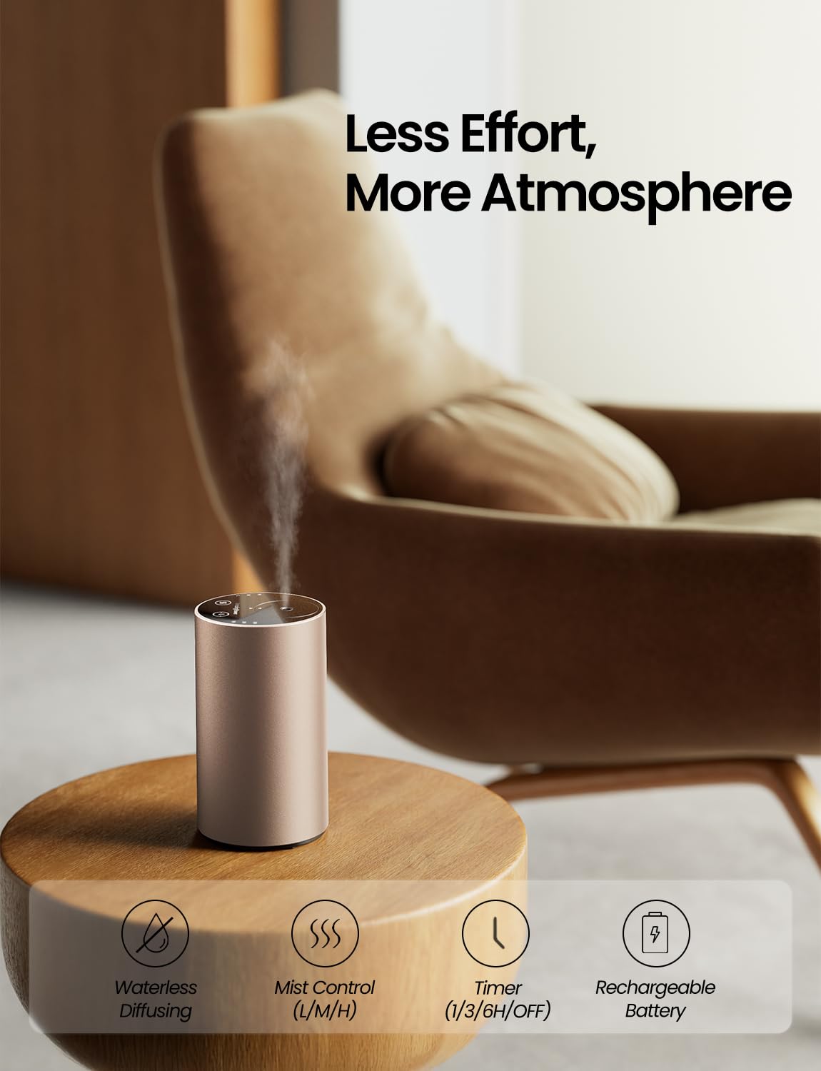 AMAZING FLOWER waterless diffuser side view highlights compact, durable aluminum body for anywhere.