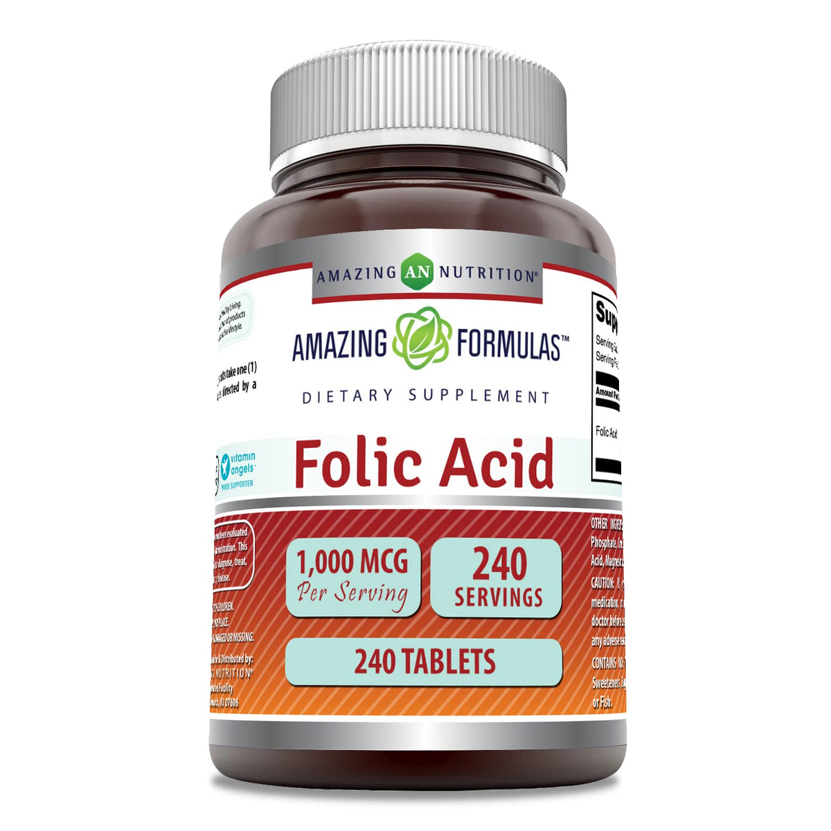 Amazing Formulas ácido fólico 1000 mcg, tableta para uso diario.