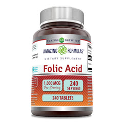 Amazing Formulas ácido fólico 1000 mcg, tableta para uso diario.