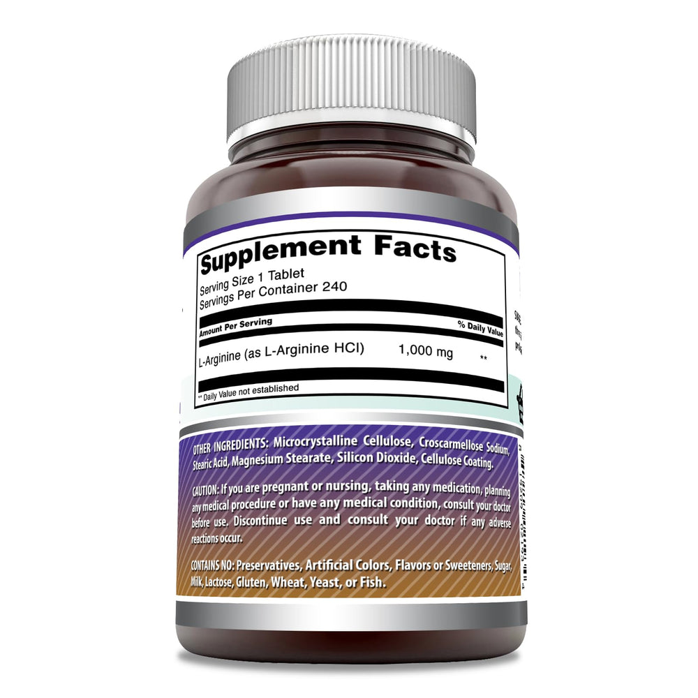 Amazing Formulas L-Arginine 1000mg bottle back view shows Non-GMO and gluten-free attributes