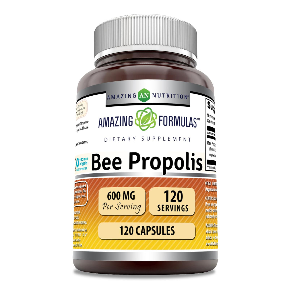 Amazing Nutrition Bee Propolis bottle front with 600 mg per serving, ideal for daily wellness.