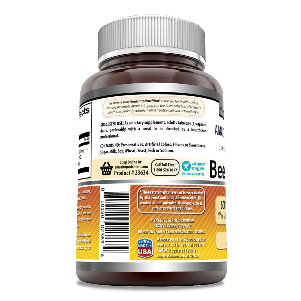 Bee Propolis bottle label highlighting Non-GMO and gluten-free features.