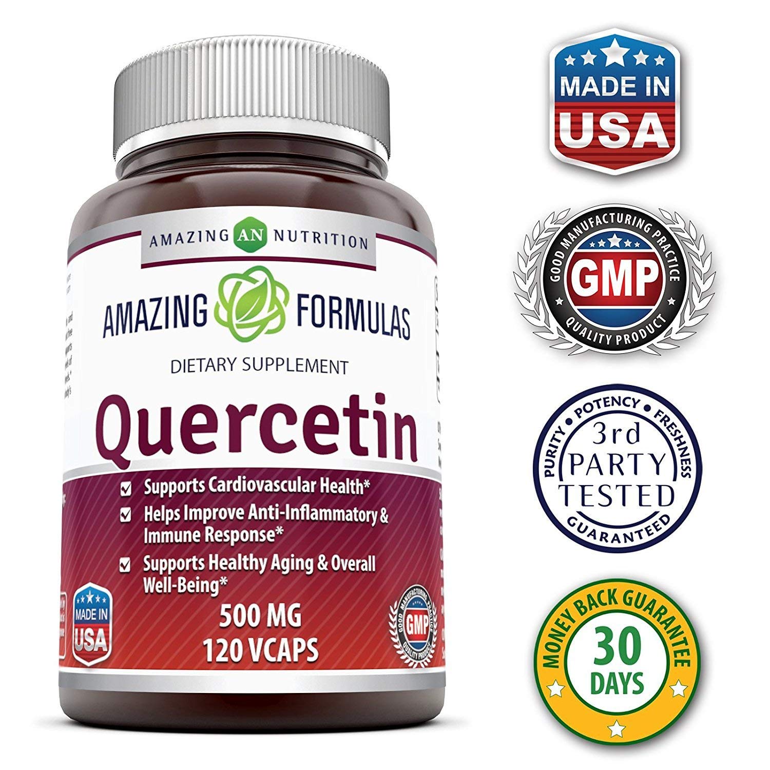 Amazing Formulas quercetin veggie-caps bottle illustrating gluten-free, non-GMO daily wellness.