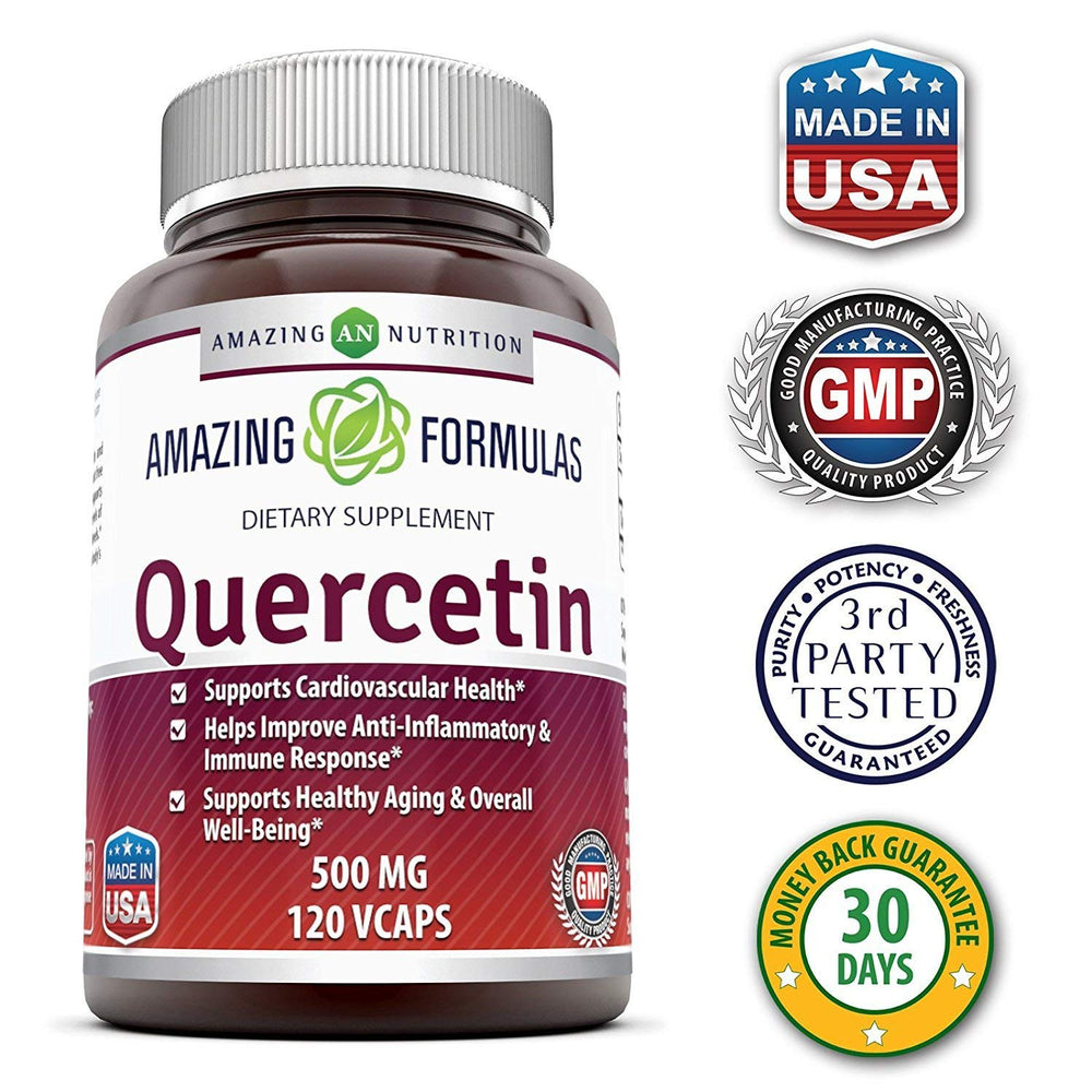 Amazing Formulas quercetin veggie-caps bottle illustrating gluten-free, non-GMO daily wellness.