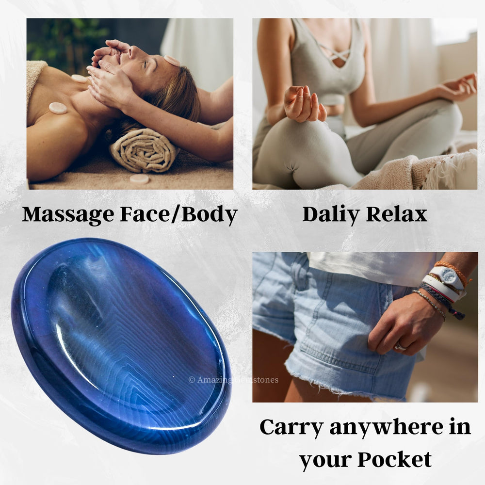 Amazing Gemstone Alma Blue Agate worry stone in a relaxation scene for calm energy.