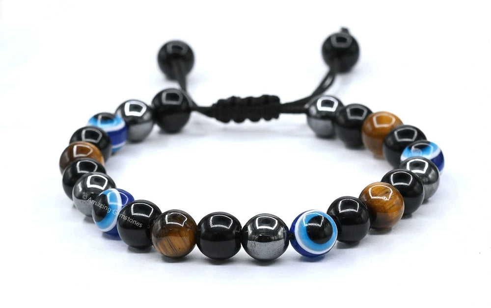 Amazing Gemstone Evil Eye bracelet with hematite beads for grounding.