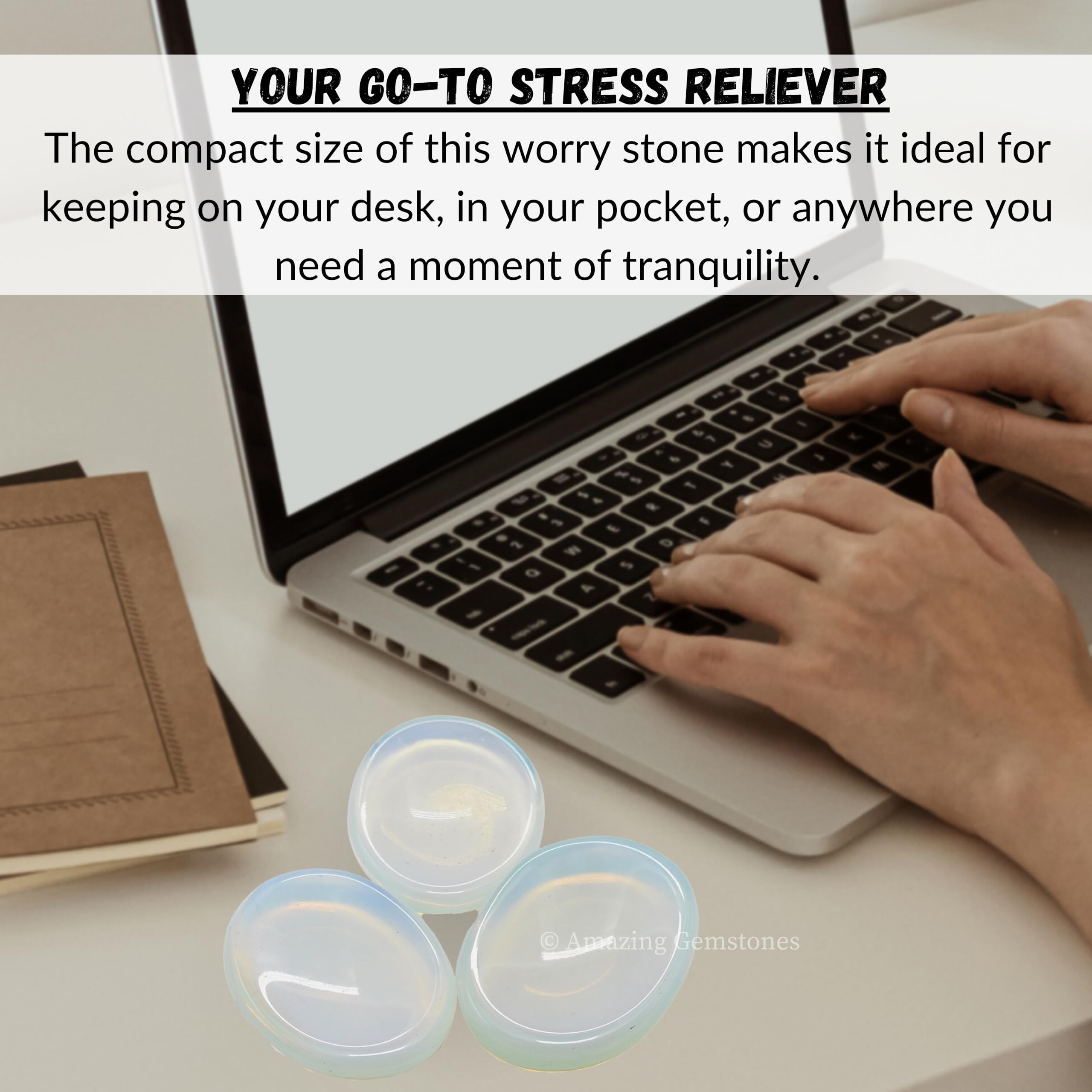 Amazing Gemstone Opalite worry stone on a desk setup for daily mindfulness.
