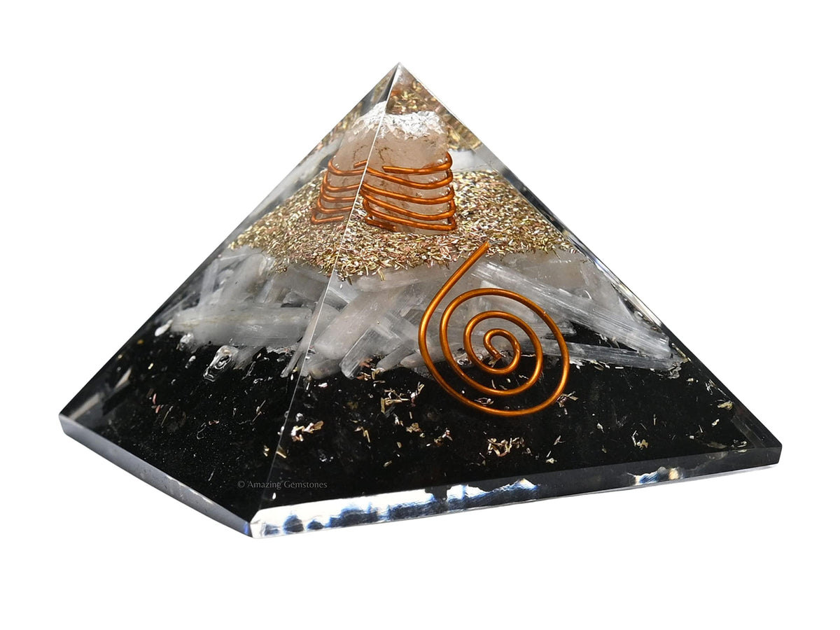 Amazing Gemstone orgone pyramid front view with black tourmaline and selenite for energy balance