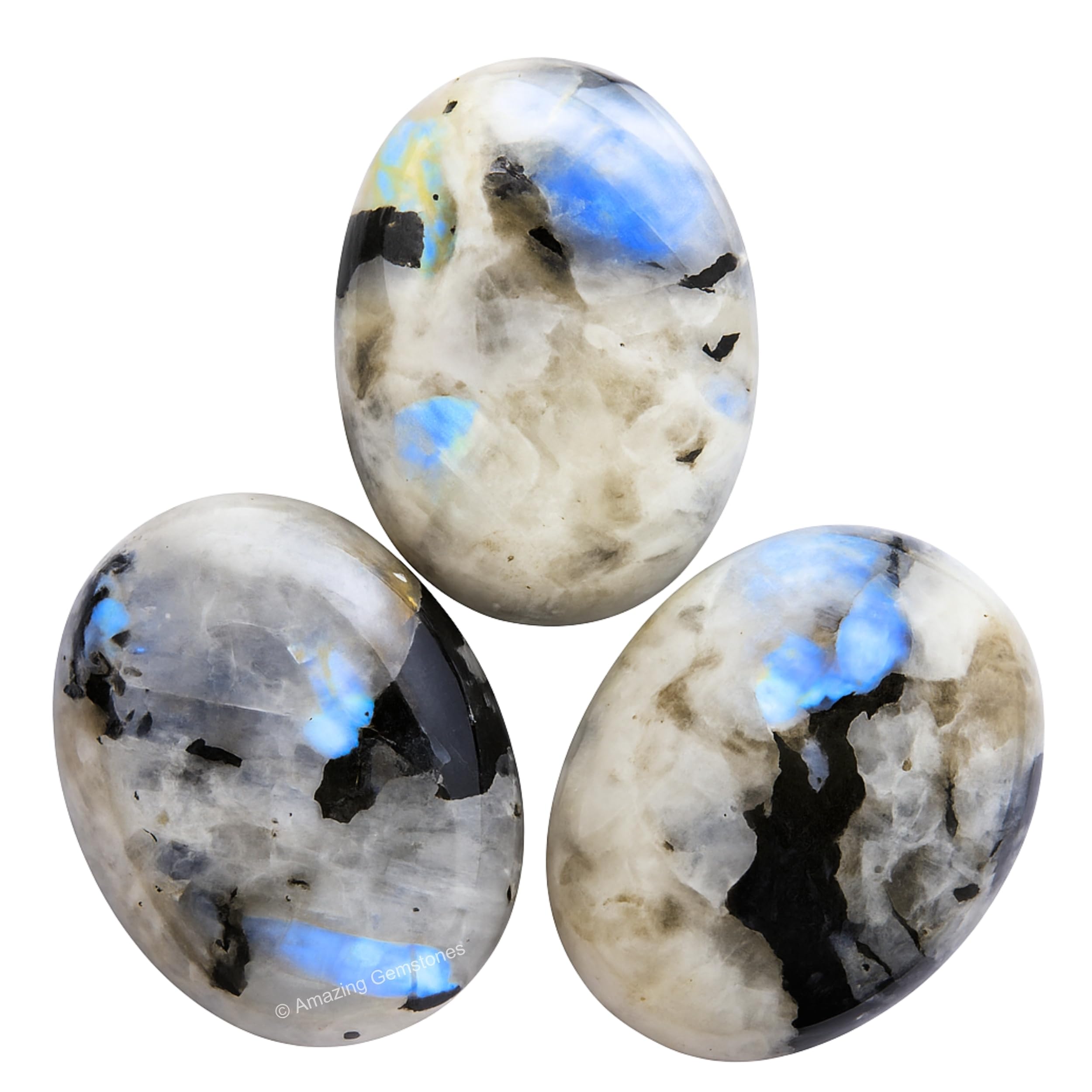 Amazing Gemstone Rainbow Moonstone palm stone in hand for mindful grip