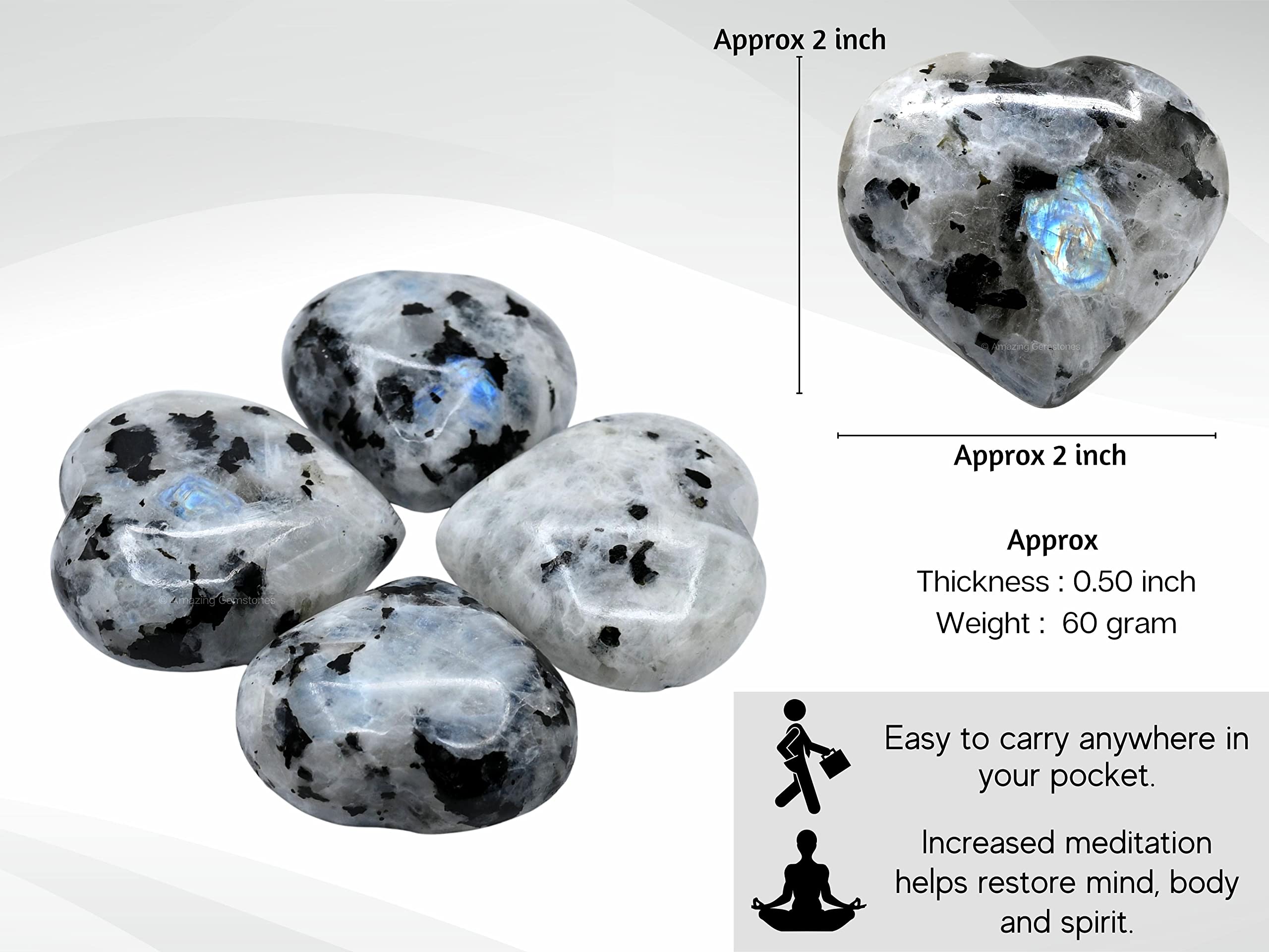 Amazing Gemstone Rainbow Moonstone heart palm stone close-up showing smooth polished surface