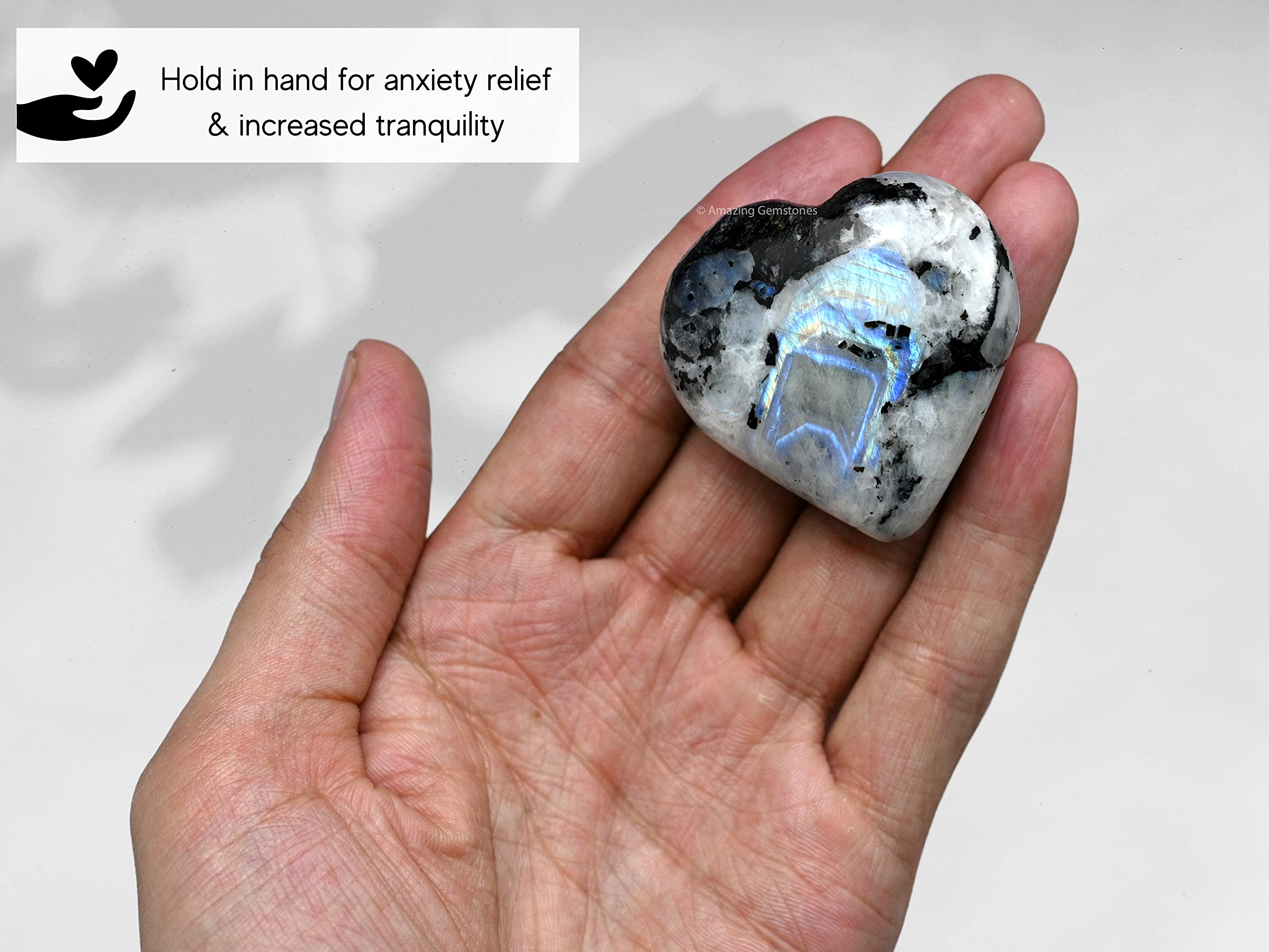 Amazing Gemstone Rainbow Moonstone heart palm stone used in crystal grid meditation setup