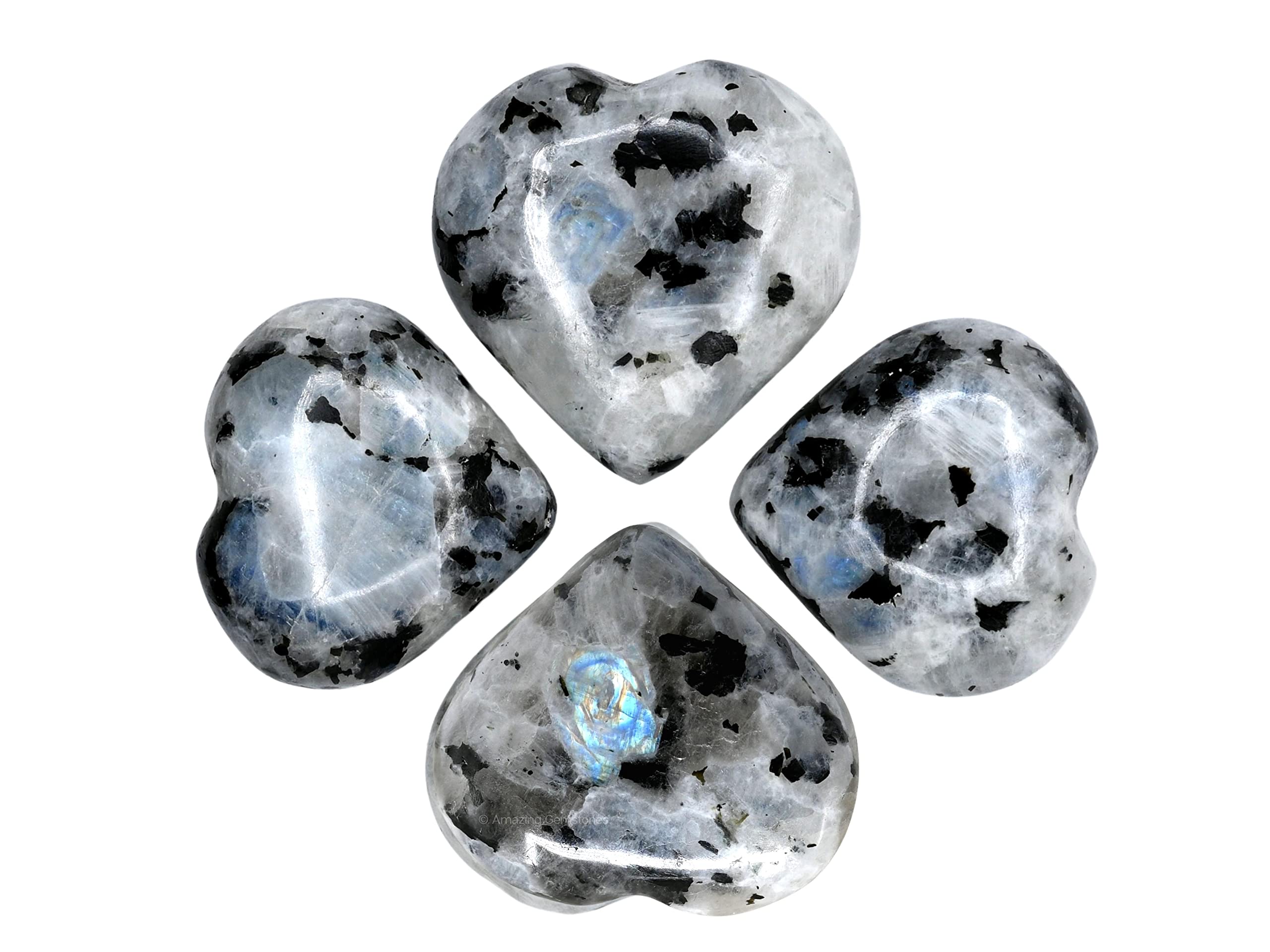 Amazing Gemstone Rainbow Moonstone heart palm stone showcased as a thoughtful gift option