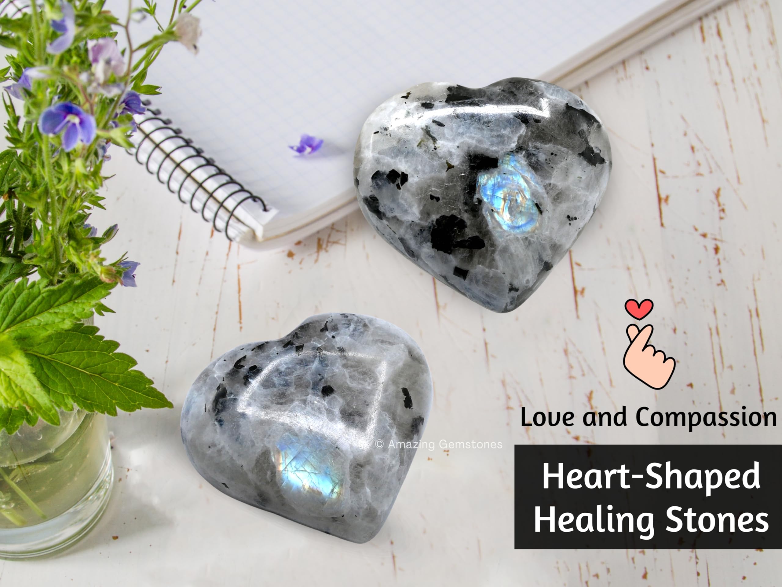 Amazing Gemstone Rainbow Moonstone heart palm stone with iridescent glow in natural light
