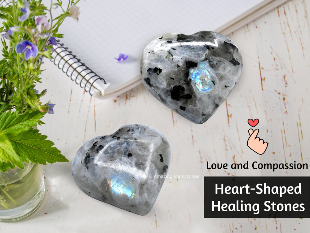 Amazing Gemstone Rainbow Moonstone heart palm stone with iridescent glow in natural light