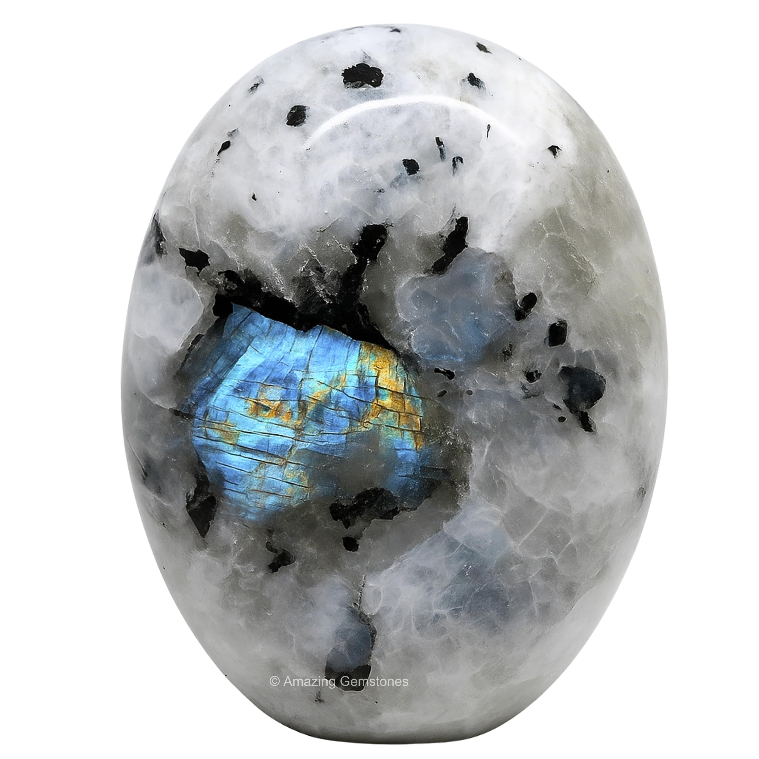 Amazing Gemstone Rainbow Moonstone palm stone held in hand highlighting iridescent glow for meditation