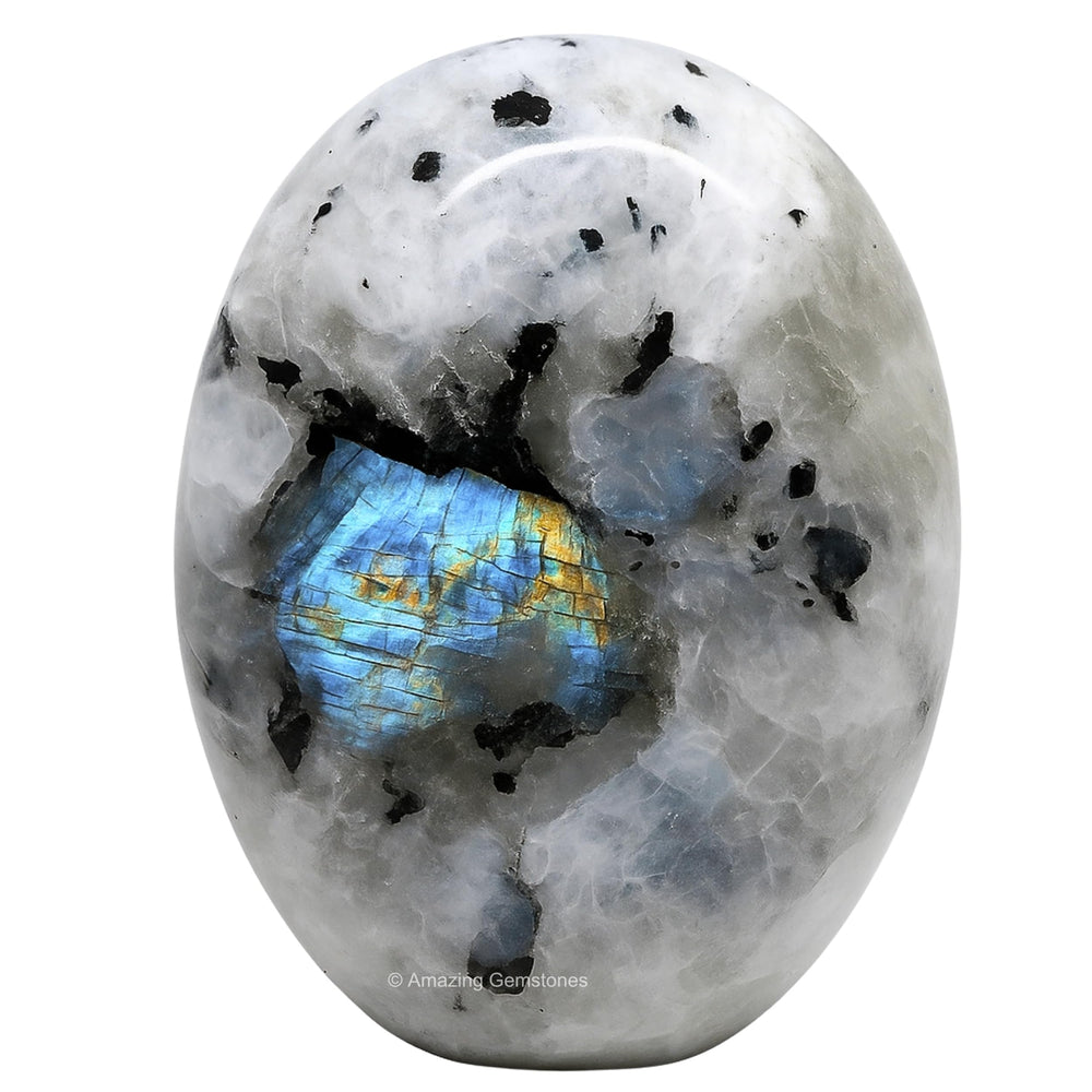 Amazing Gemstone Rainbow Moonstone palm stone held in hand highlighting iridescent glow for meditation