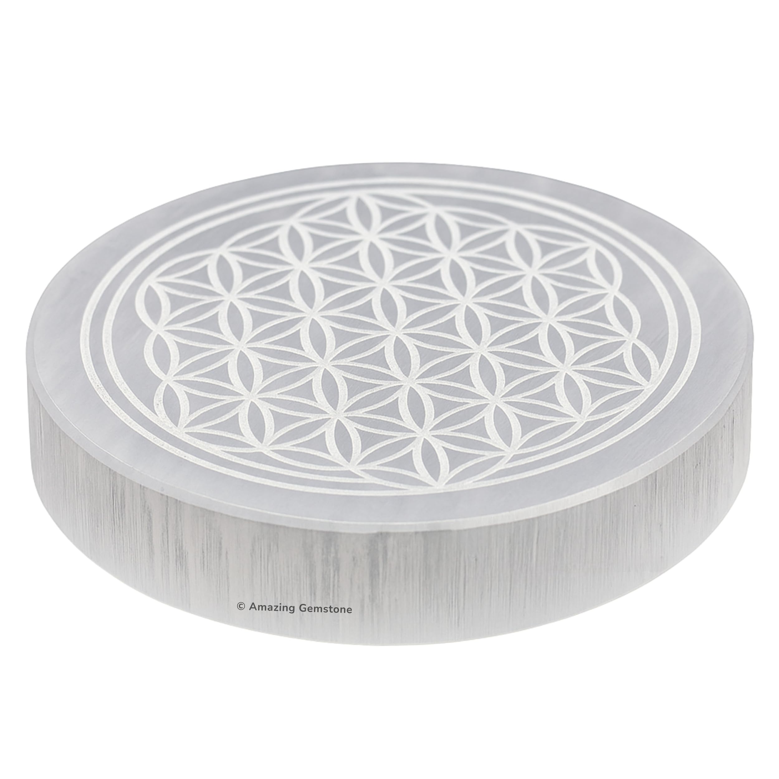 Amazing Gemstone selenite coaster with Flower of Life engraving for cleansing and display.
