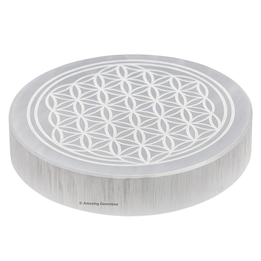 Amazing Gemstone selenite coaster with Flower of Life engraving for cleansing and display.