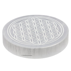 Amazing Gemstone selenite coaster with Flower of Life engraving for cleansing and display.