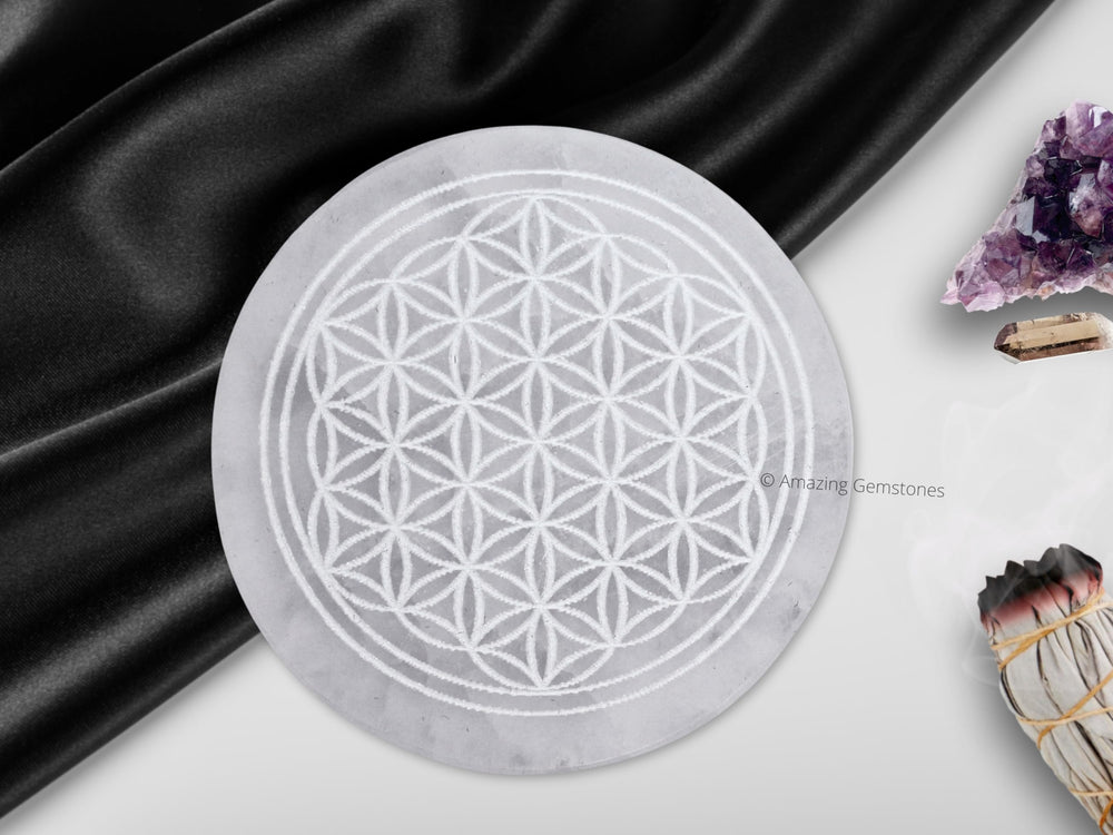 Amazing Gemstone selenite engraved Flower of Life enhances display and ambience.