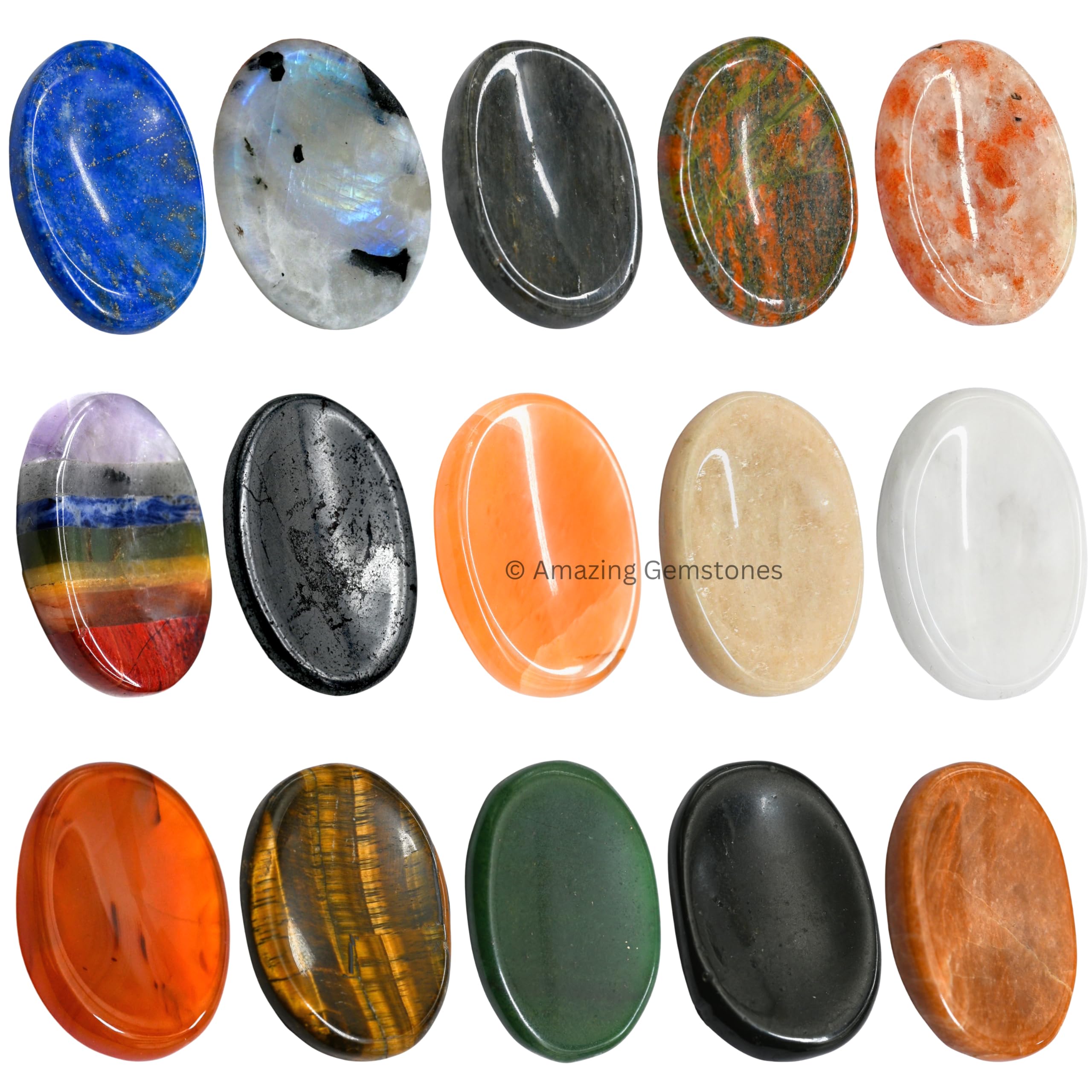 Display-ready Amazing Gemstone worry stones on a desk or altar