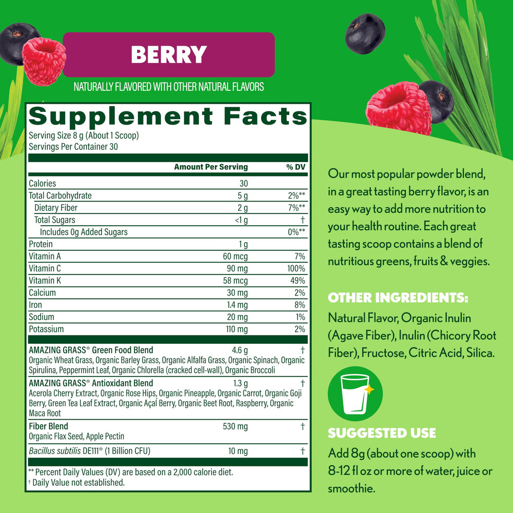 Digestive enzymes and probiotics support in Amazing Grass greens powder for daily routine.