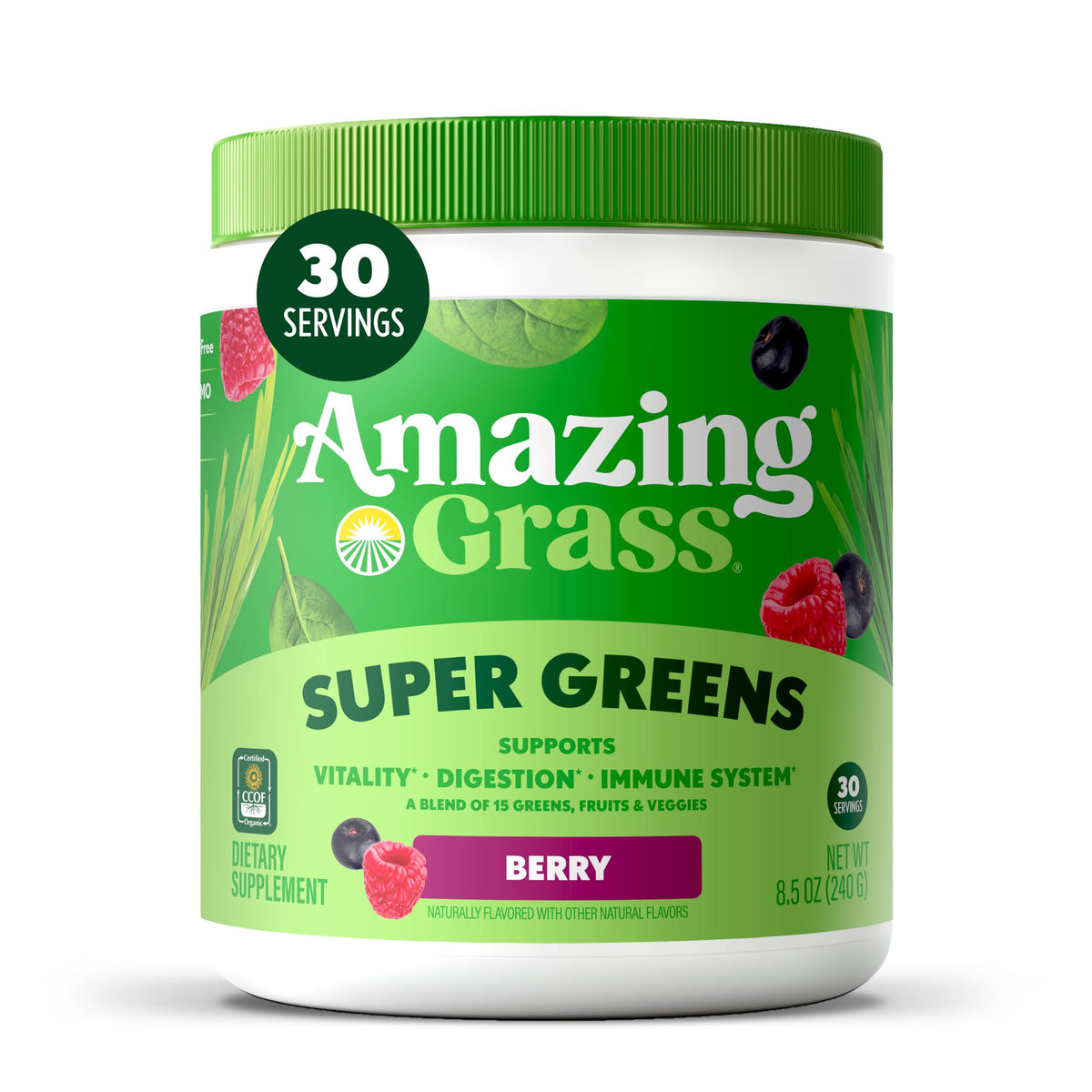 Amazing Grass Berry Green Superfood bottle, convenient daily greens booster for busy mornings.