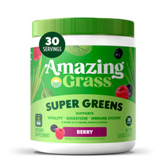 Amazing Grass Berry Green Superfood bottle, convenient daily greens booster for busy mornings.