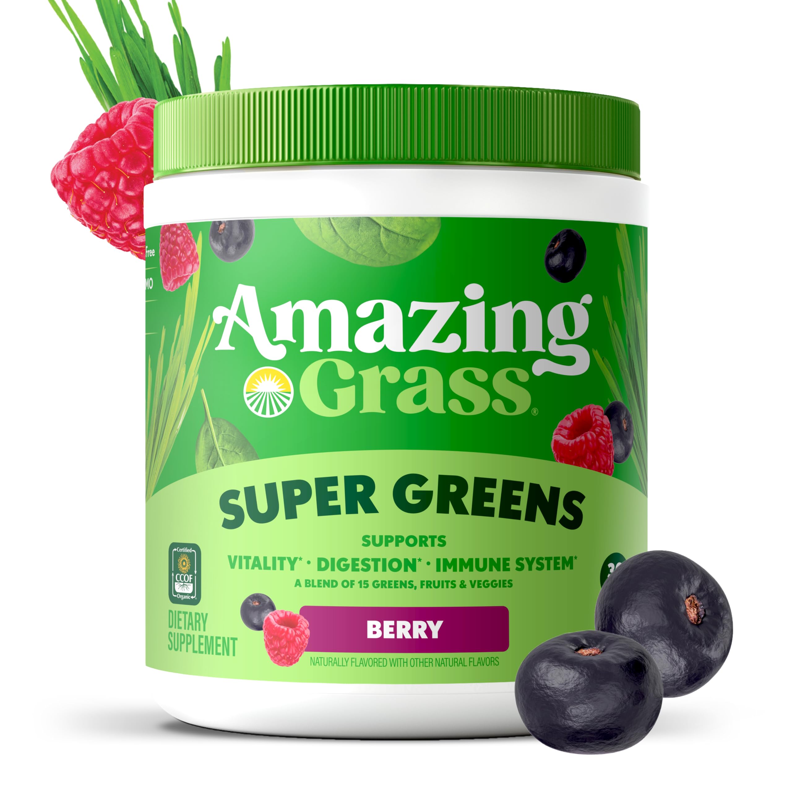 Amazing Grass scoop pouring powder into glass for a quick, flavorful greens boost.