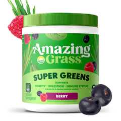 Amazing Grass scoop pouring powder into glass for a quick, flavorful greens boost.