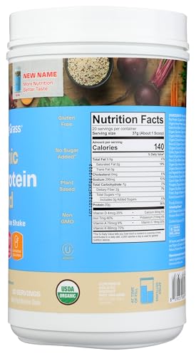 Amazing Grass Organic Plant Protein Blend ingredients show pea, brown rice, quinoa, and hemp.