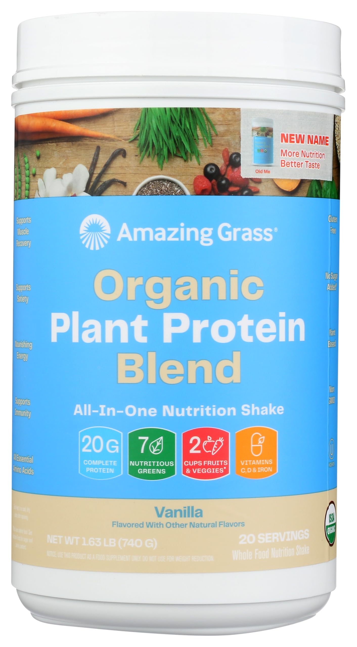Amazing Grass Organic Plant Protein Blend vanilla powder bottle offers a creamy daily shake.