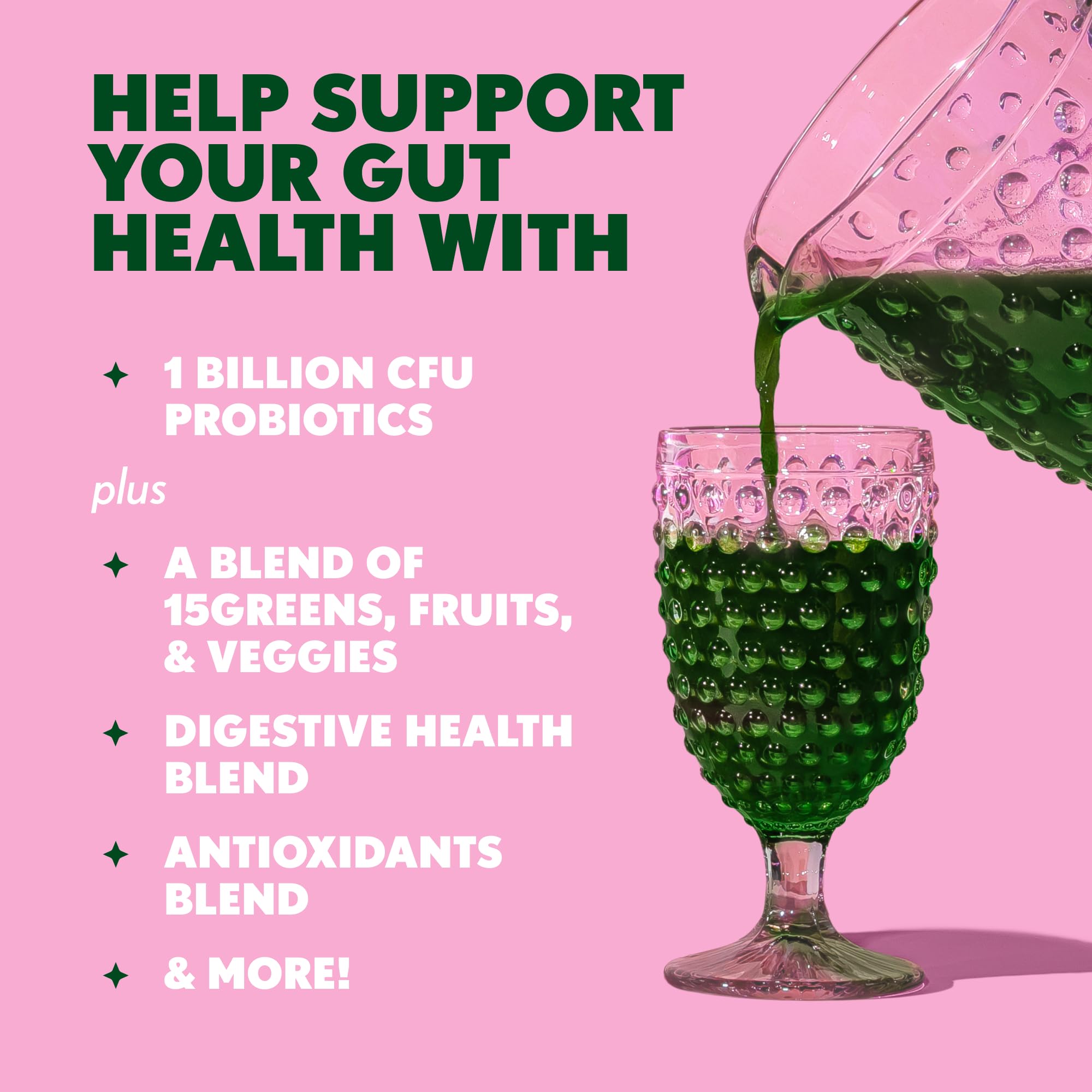 Two servings of fruits and vegetables with Amazing Grass in a glass.