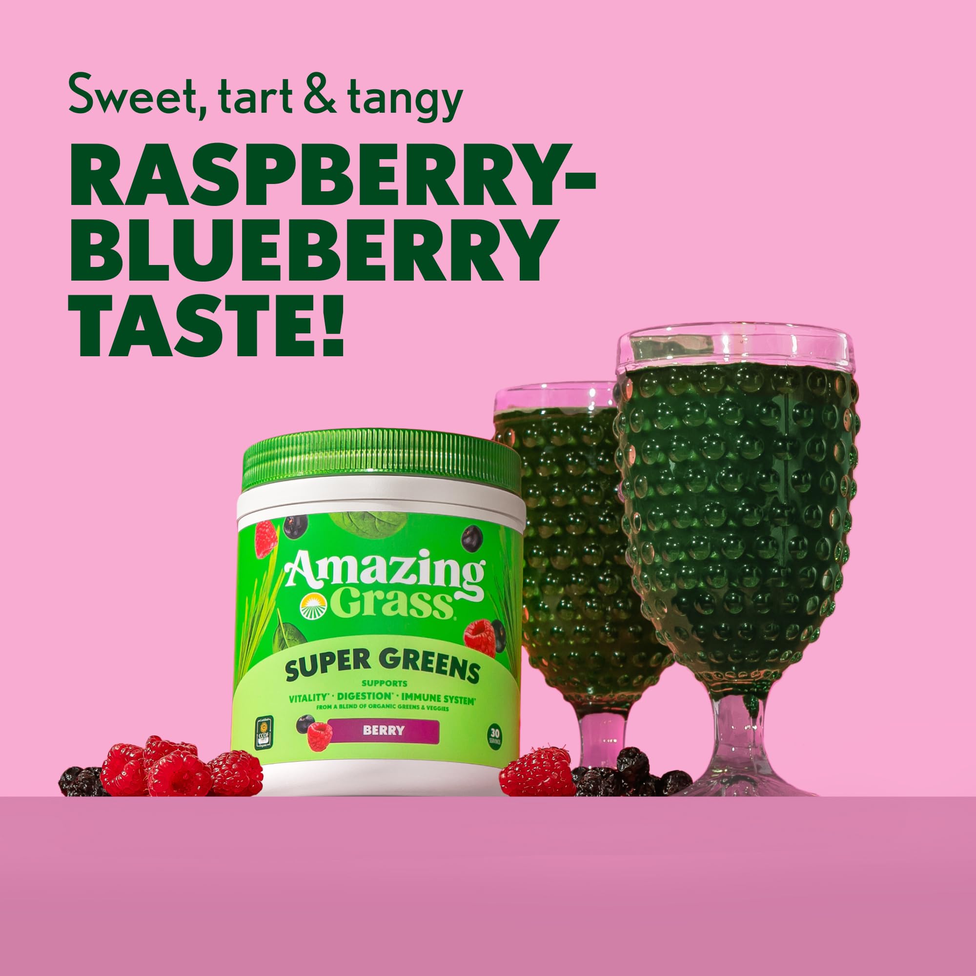 Amazing Grass powder dissolving in water for a smooth, berry-flavored beverage.