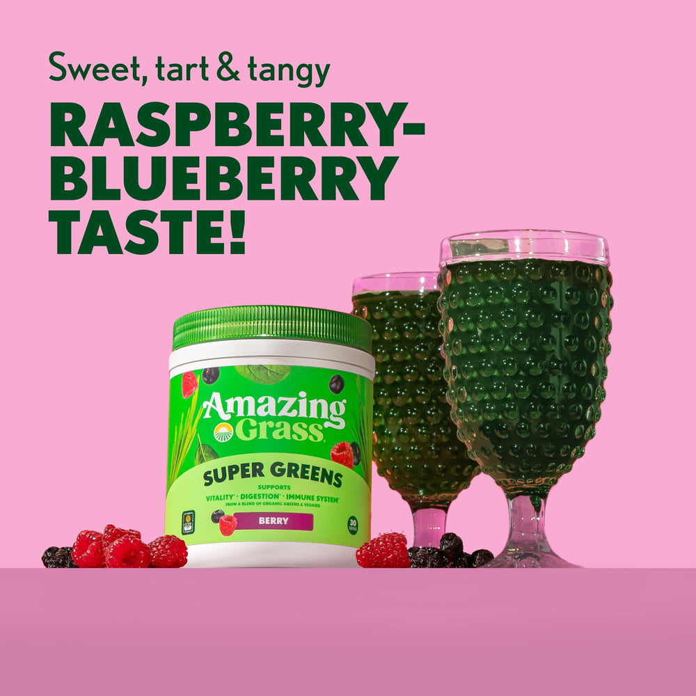 Amazing Grass powder dissolving in water for a smooth, berry-flavored beverage.
