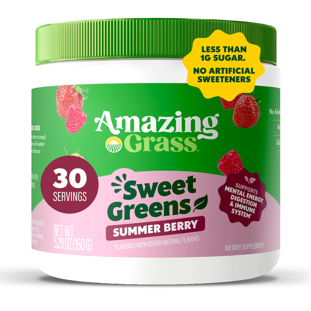 Amazing Grass Sweet Greens Summer Berry tub label with immune-support nutrients