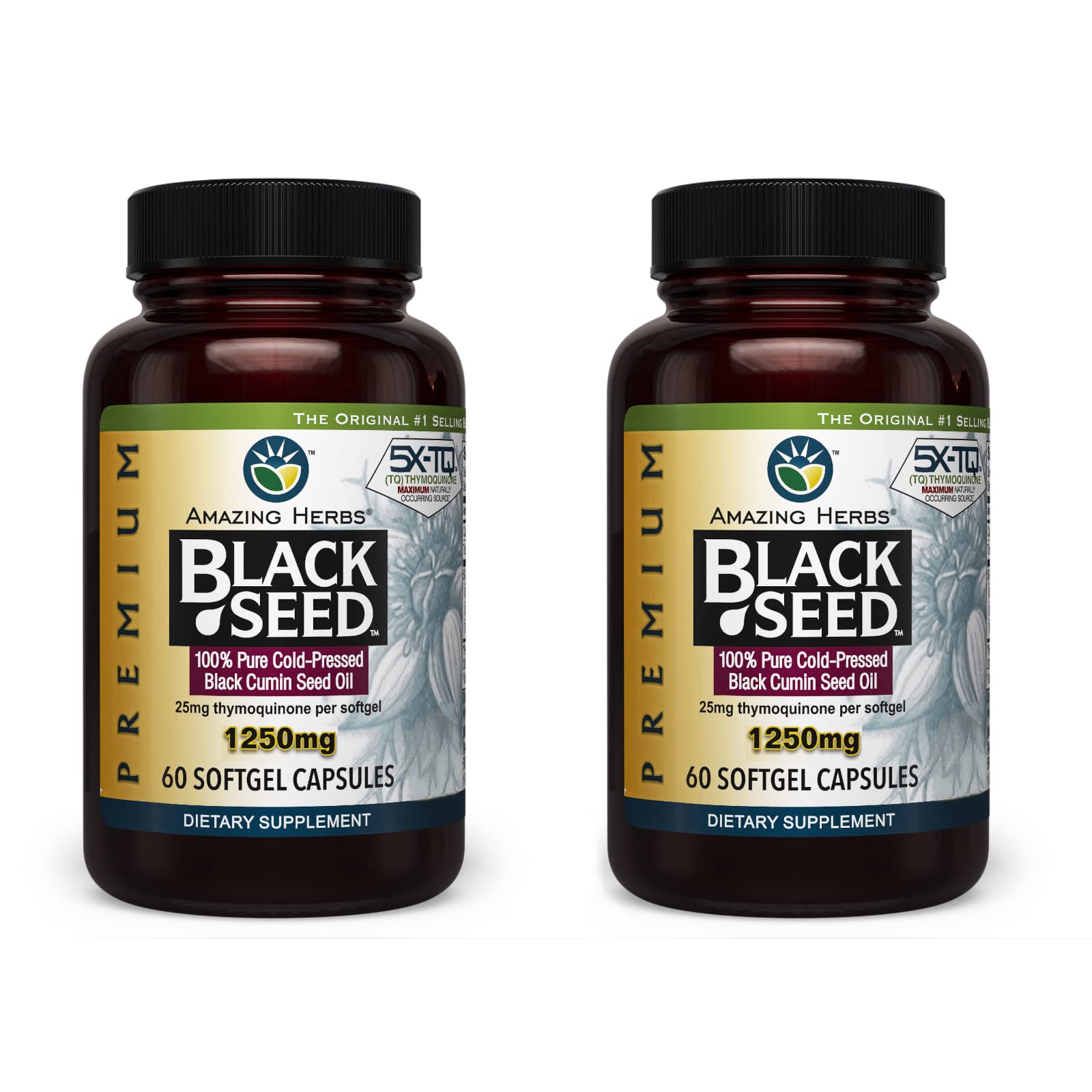 Amazing Herbs black seed oil capsules bottle highlighting high potency and immune support potential.