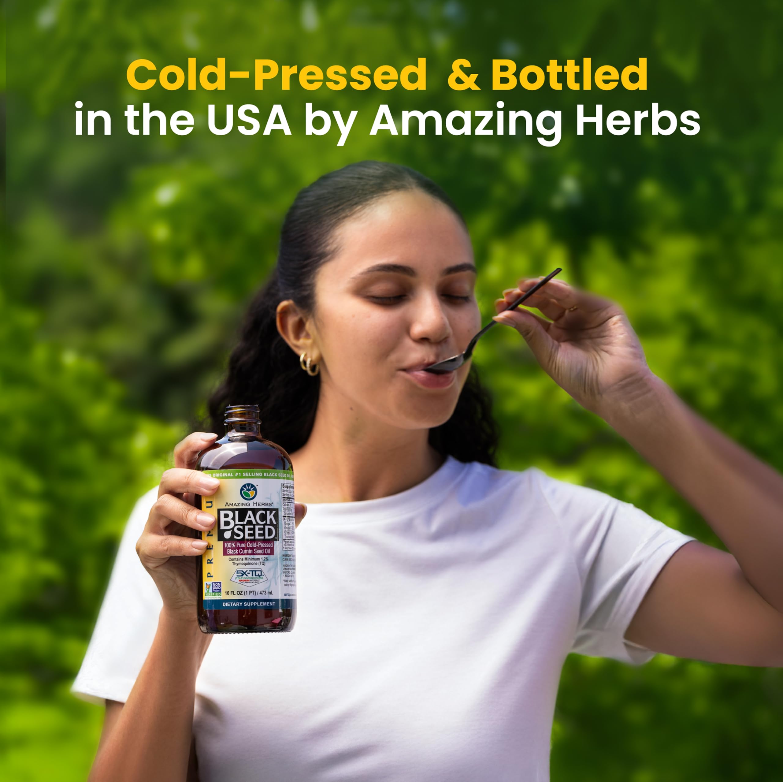 Amazing Herbs Black Seed Oil glass bottle on shelf signals freshness and purity