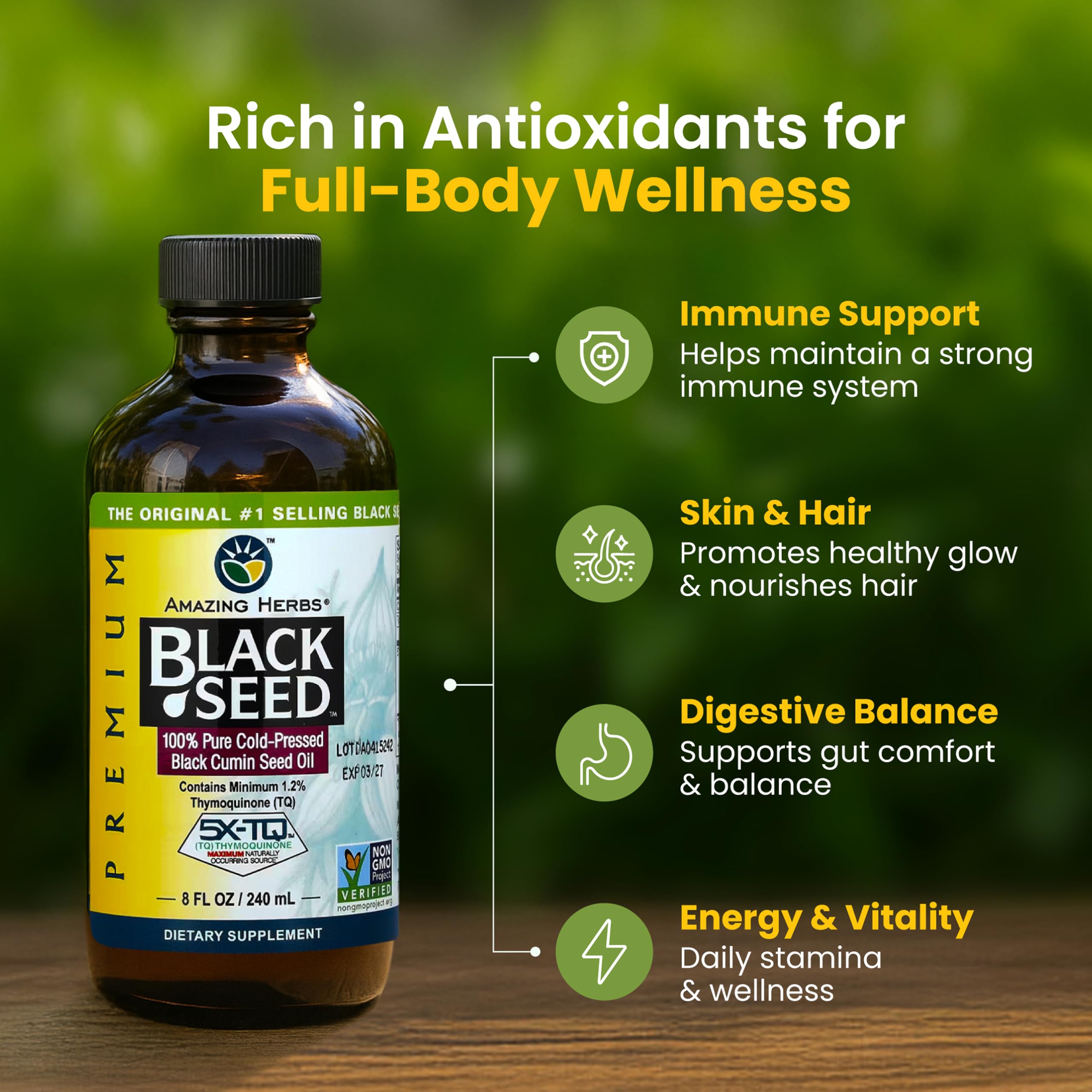 Organic Nigella sativa seeds feature in Amazing Herbs oil for quality ingredients.