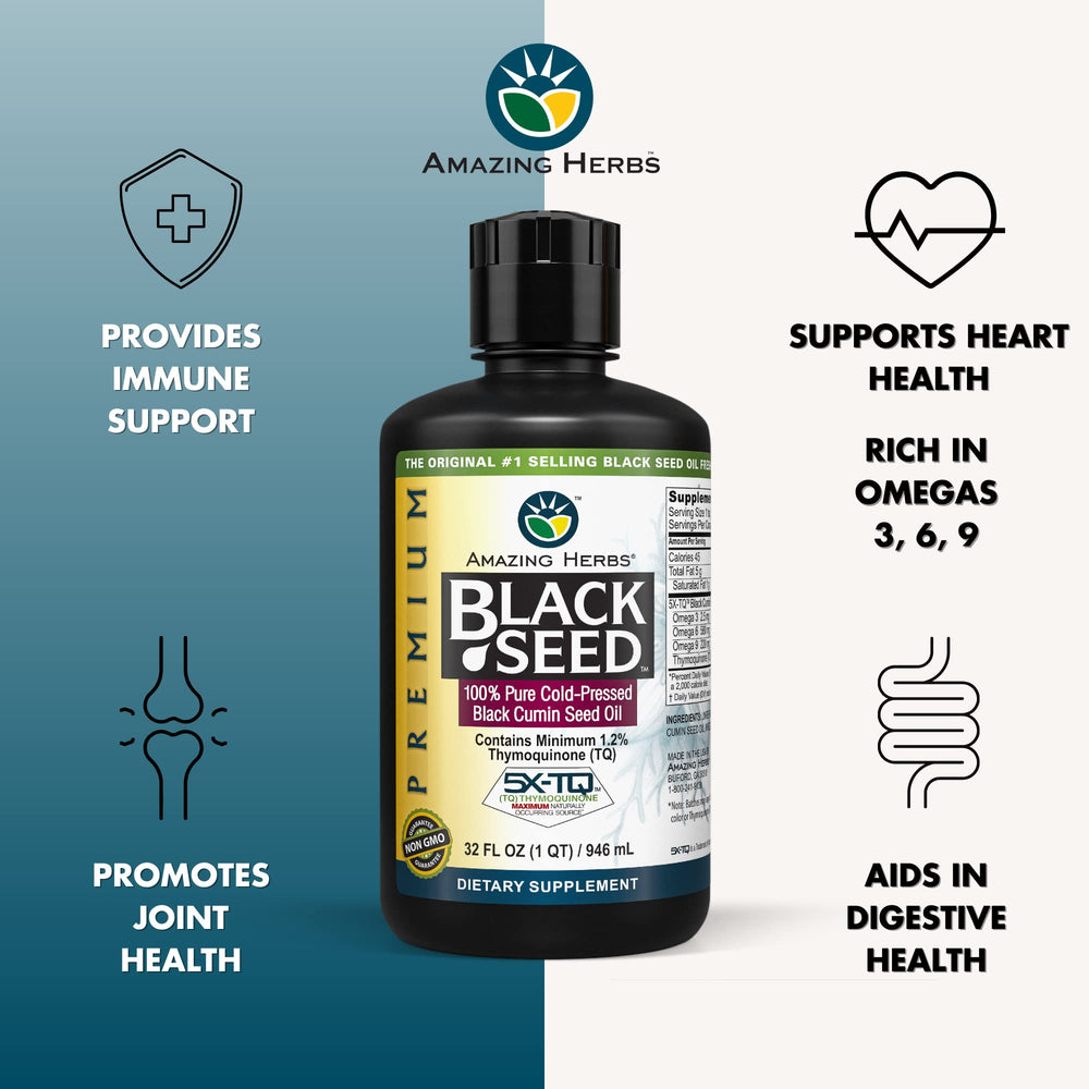 Amazing Herbs Black Seed Oil label closeup highlighting gluten-free and non-GMO features.