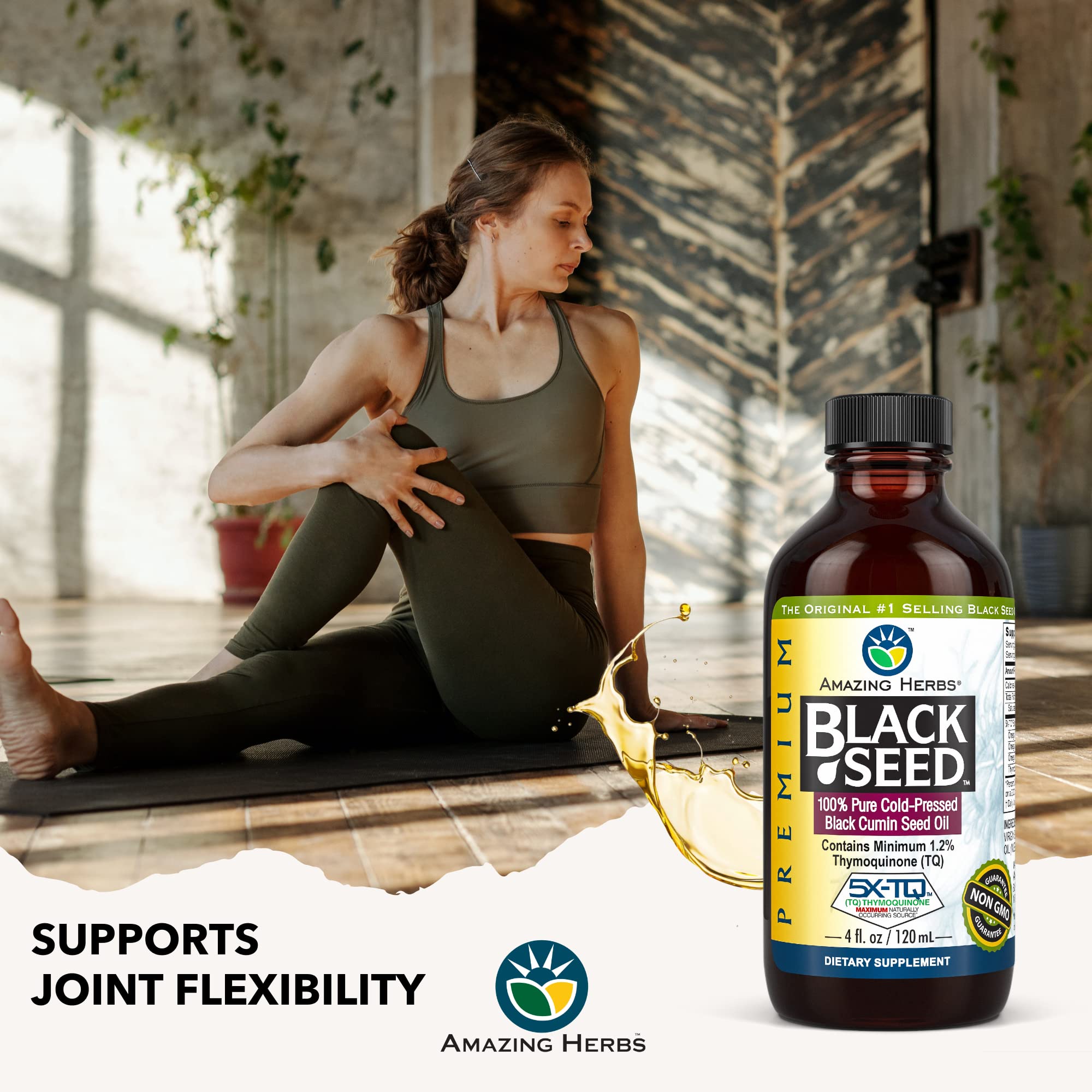 Amazing Herbs black seed oil label closeup emphasizes quality and purity.