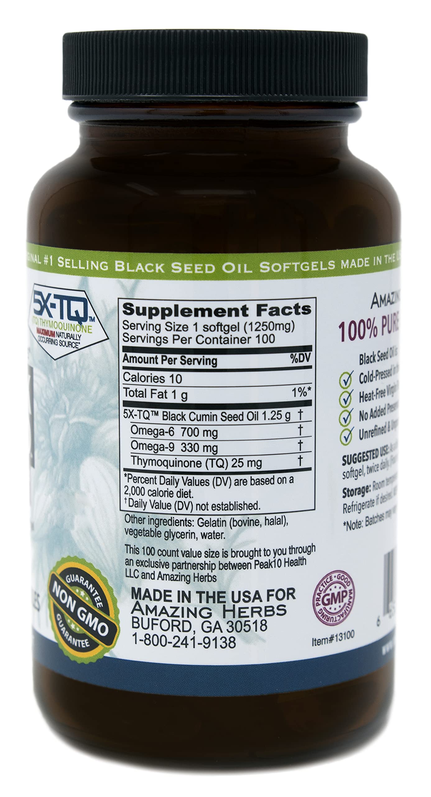 Amazing Herbs Black Seed Oil Pills bottle on counter illustrates easy daily wellness routine.