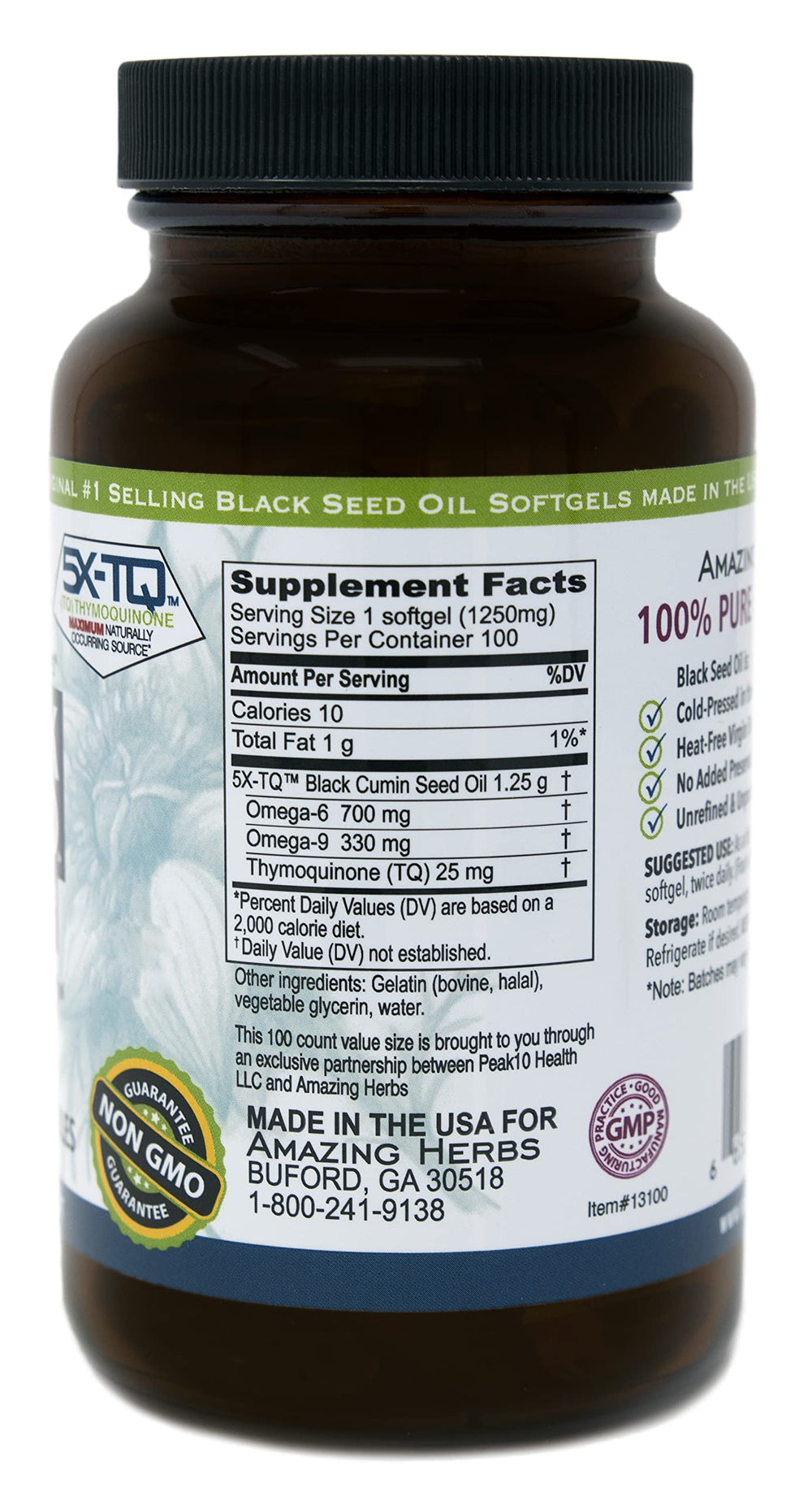 Amazing Herbs Black Seed Oil Pills bottle on counter illustrates easy daily wellness routine.