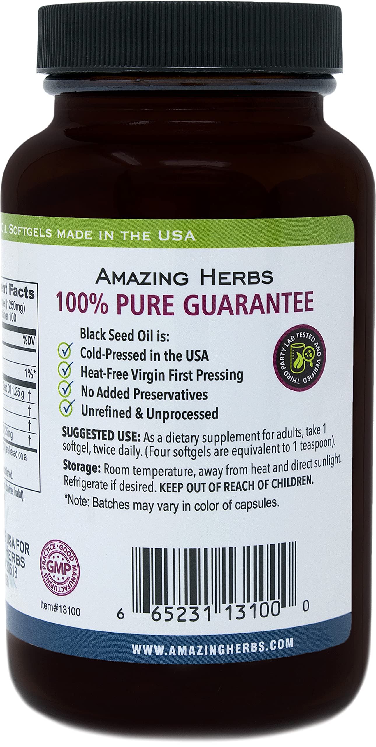 Amazing Herbs Black Seed Oil Pills open bottle pour suggests convenient on-the-go supplementation.