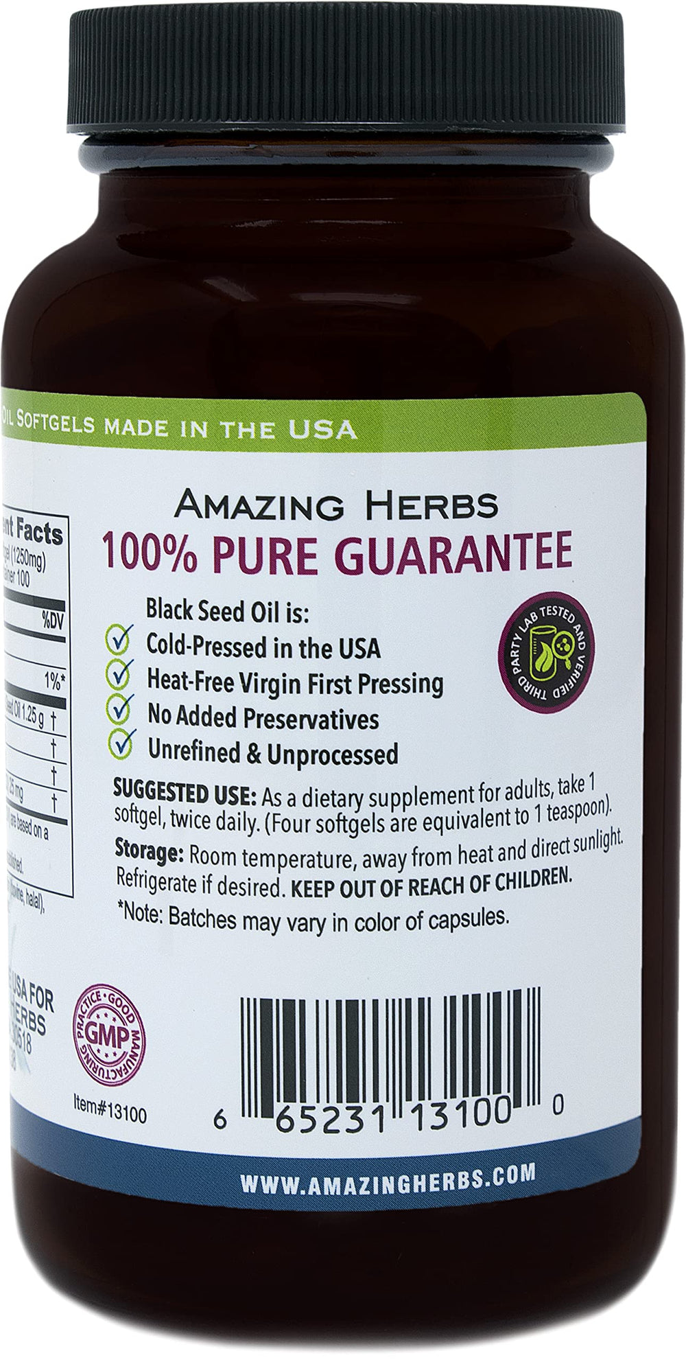 Amazing Herbs Black Seed Oil Pills open bottle pour suggests convenient on-the-go supplementation.