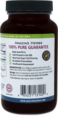 Amazing Herbs Black Seed Oil Pills open bottle pour suggests convenient on-the-go supplementation.